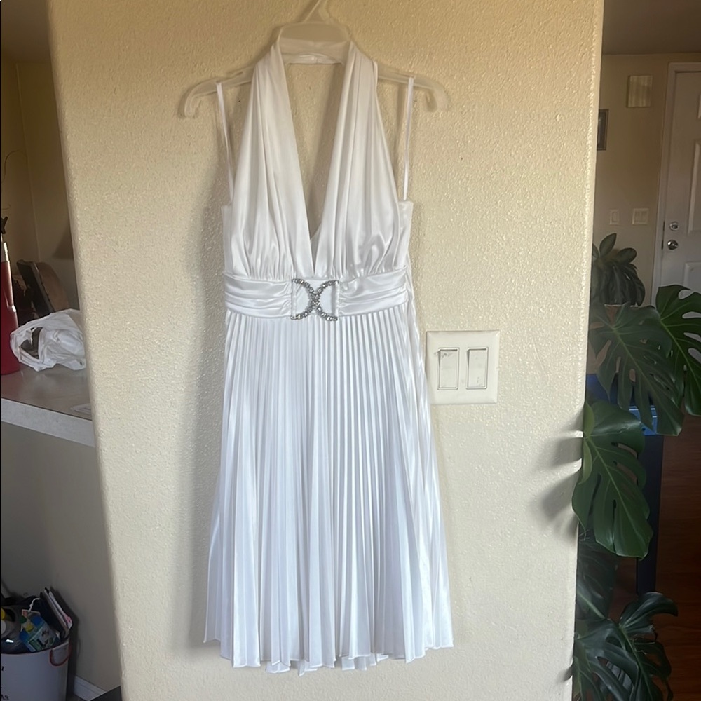 Deb White Pleated Halter Dress Backless